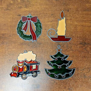 Lot of 4 Vintage Glass Christmas Suncatchers, Tree, Candle, Train, Wreath